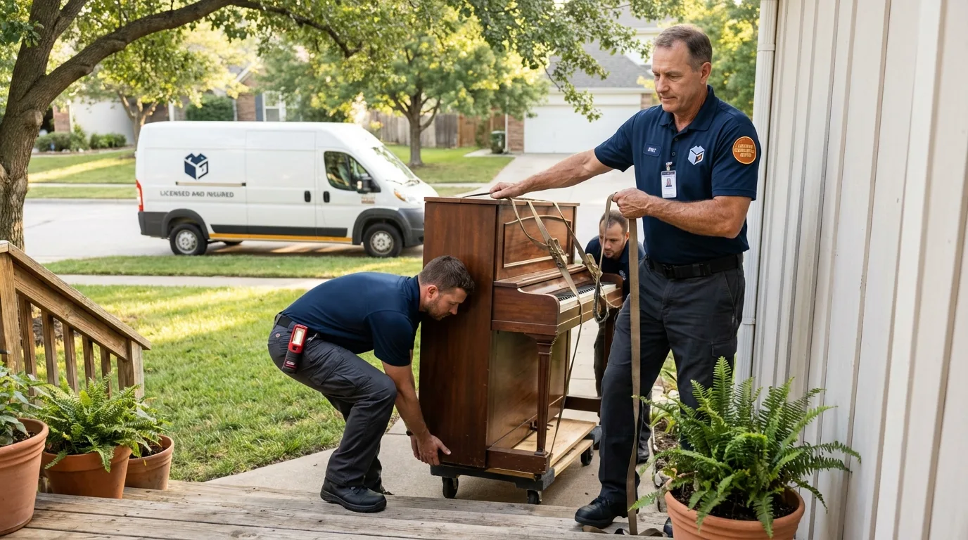 Licensed piano movers securing grand piano in Coxsackie, NY