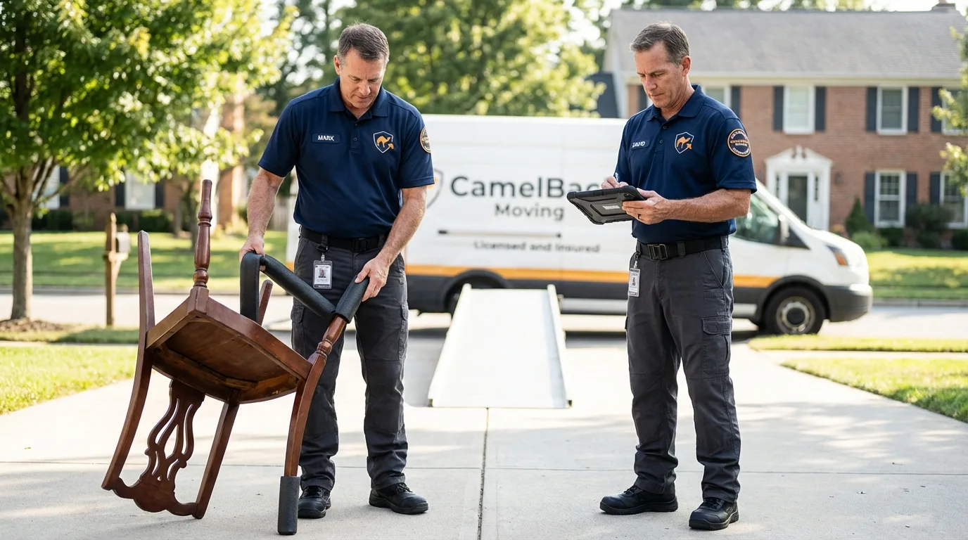 Movers inspecting furniture for damage prevention before loading in Coxsackie, NY